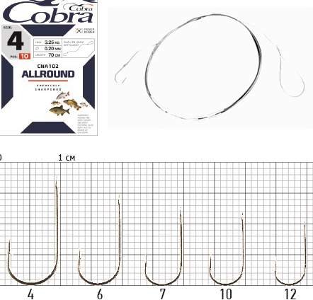 Гачки з повідцем Cobra ALLROUND 70cm, 0,20mm, разм.4, 10шт.