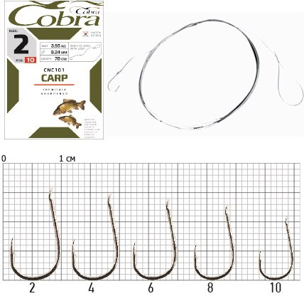 Гачки з повідцем Cobra CARP 70cm, 0,14mm, разм.10, 10шт.